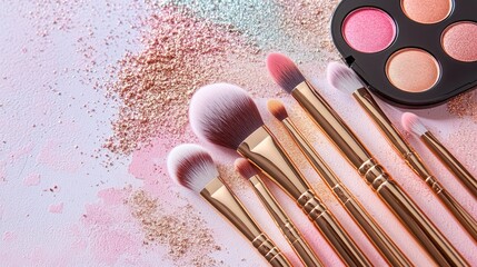 Rose gold makeup brush set with coordinating eyeshadow palette arranged on a soft textured background for beauty and cosmetics promotion