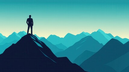 A lone figure stands triumphantly atop a mountain peak, overlooking a vast, serene landscape of layered blue mountains.
