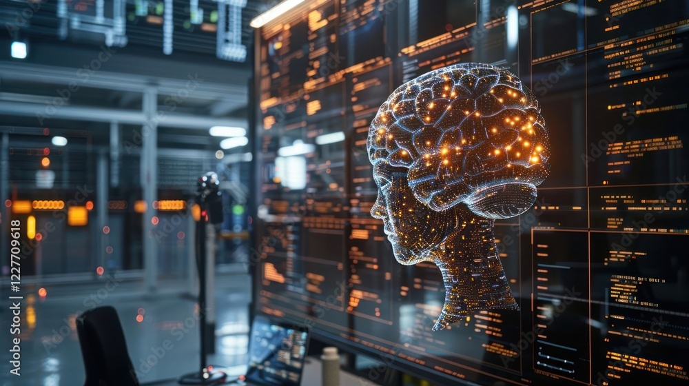 Poster futuristic digital brain interface showcasing ai technology in a high-tech laboratory setting
