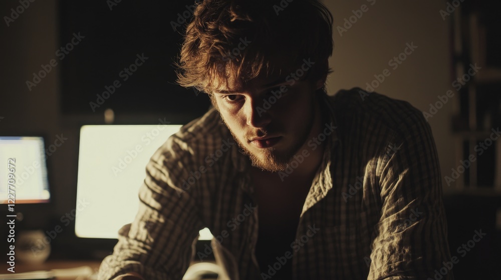 Aufkleber Focused young developer engaged in project preparation in a dimly lit office with a slide projector and computer coding environment.