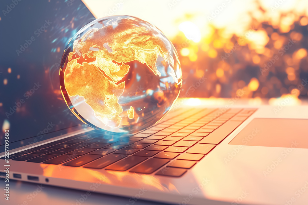 Poster a laptop rests on a clean white surface with a glowing globe icon hovering over it. the setting is i
