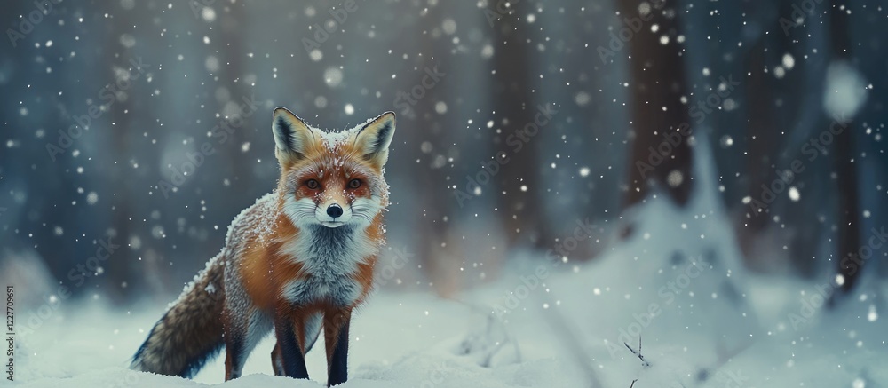 Aufkleber Fox in snowy winter forest close up view with blurred background and ample space for text or captions