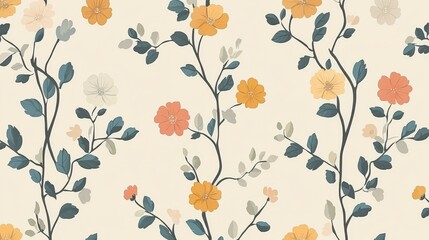 Seamless pattern with delicate floral design. Pastel orange, yellow, and white flowers and dark teal leaves are on a cream background. The pattern is