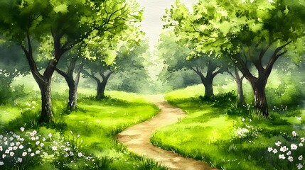 Fototapeta premium Watercolor landscape with green grass, trees, and flowers in the background, and a road path 