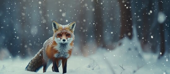 Obraz premium Fox in snowy winter forest close up view with blurred background and ample space for text or captions