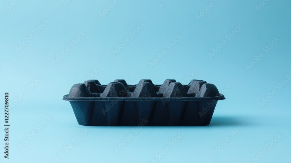 Poster elegant black egg carton on light blue background highlighting spacious empty area for text with fre