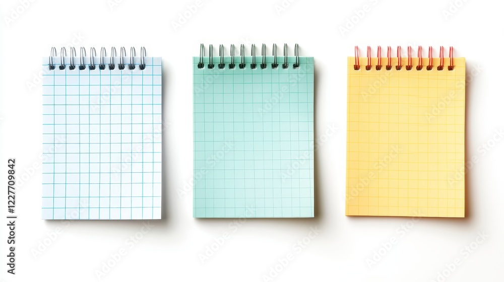 Poster three small spiral bound notebooks with different pastel colored patterned pages on a white backgrou
