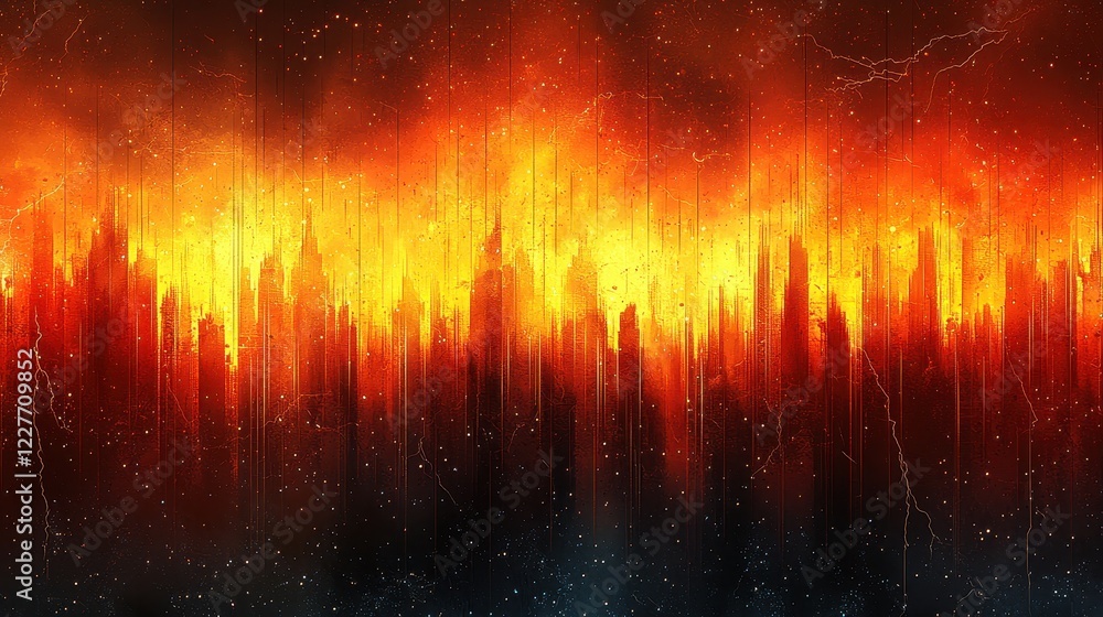 Poster abstract representation of fiery colors and textures resembling a landscape.