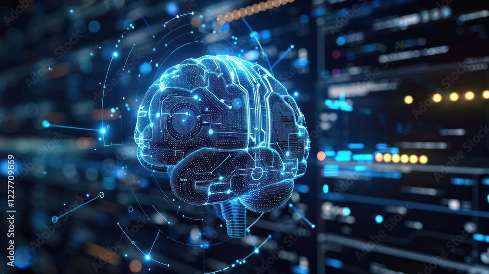Poster futuristic digital brain illustration surrounded by data streams and technology interfaces