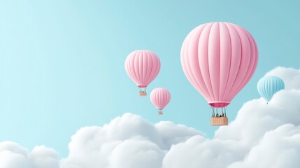 Fototapeta premium Pastel pink and light blue hot air balloons float above fluffy white clouds against a pale blue sky. A whimsical, dreamy scene