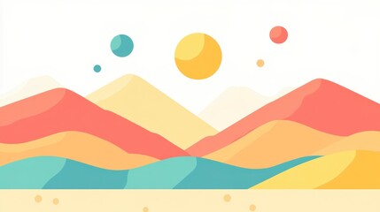 Pixel art landscape depicting a sun and planets above pastel colored mountains and valleys. The scene is minimalist with soft colors and a simple