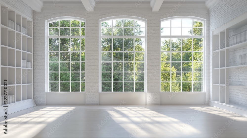 Poster spacious room with large windows and white walls showcasing natural light and built-in shelves for v