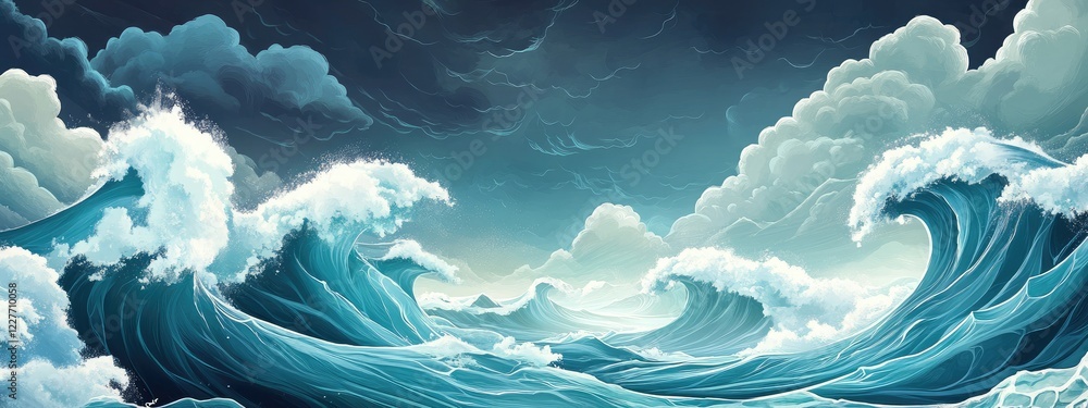Poster Dramatic turbulent sea landscape featuring dark clouds and crashing waves with vast empty space for text or messaging opportunities