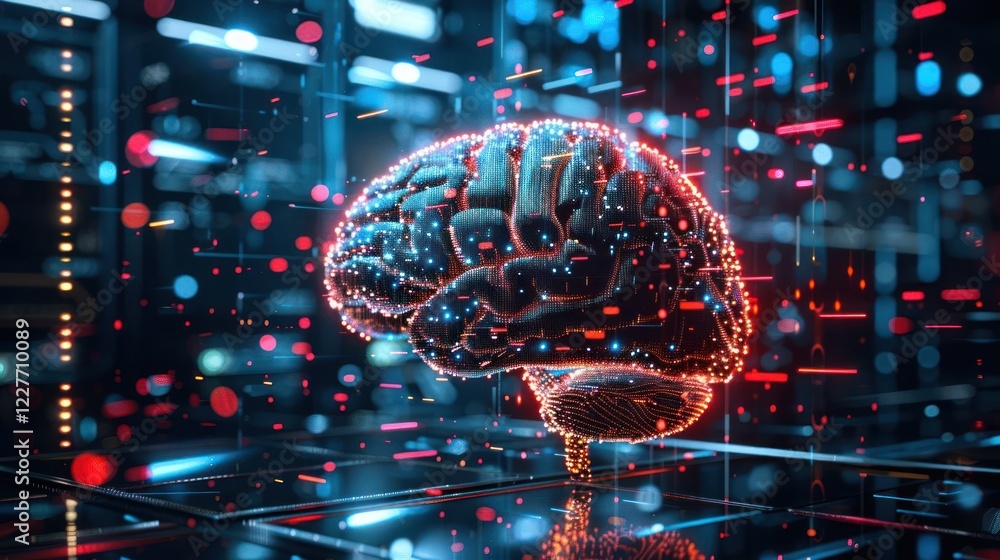 Poster futuristic digital brain surrounded by vibrant particles and glowing lights in a tech environment
