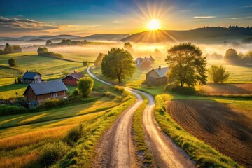 Countryside lane's dirt path winds through fields, showcasing farm roads and idyllic village scenes in summer.