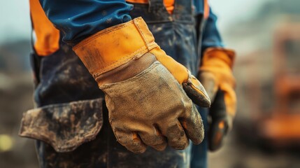 Close up of a construction worker's gloved hands at a site emphasizing safety and health practices with room for copy space
