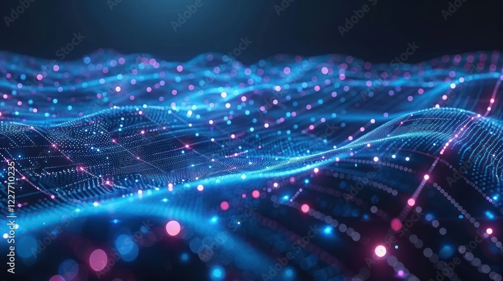 Poster abstract representation of flowing data waves with vibrant colors and glowing particles in a digital