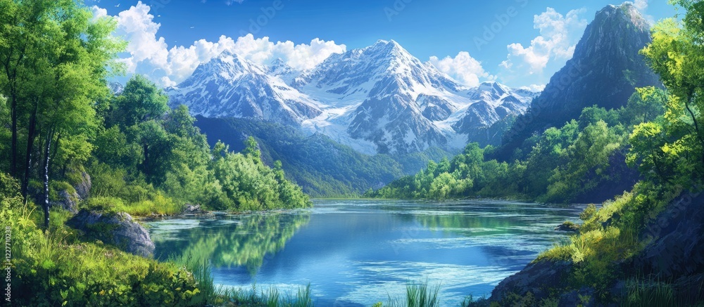 Poster breathtaking mountain scenery with a tranquil lake lush greenery and snow capped peaks offering ampl