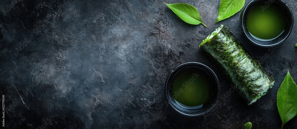 Poster green tea and sushi hand roll on dark background showcasing japanese cuisine with empty space for lo