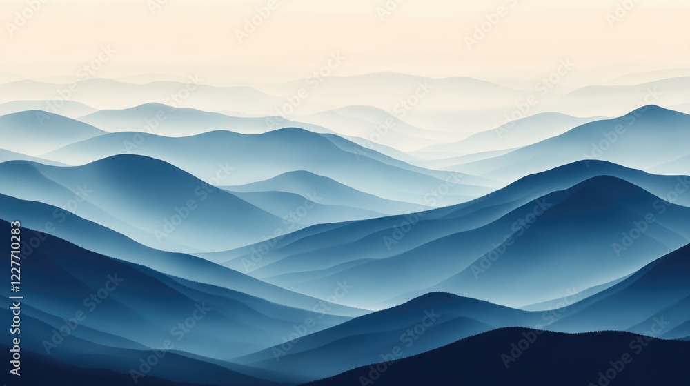 Poster serene layers of blue mountains with soft gradient for text space in a tranquil landscape scene
