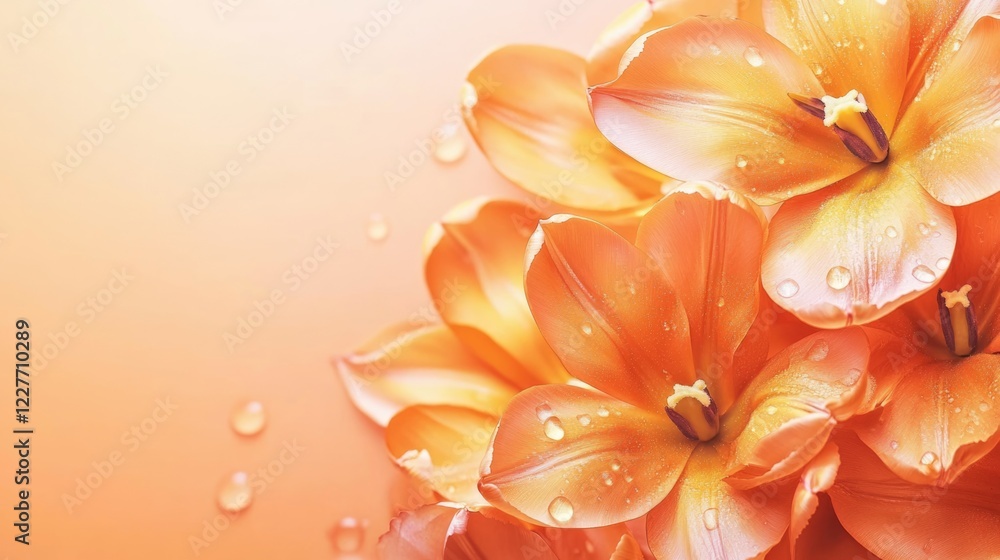 Poster vibrant close-up of orange tulip blooms with droplets on petals set against a soft orange background