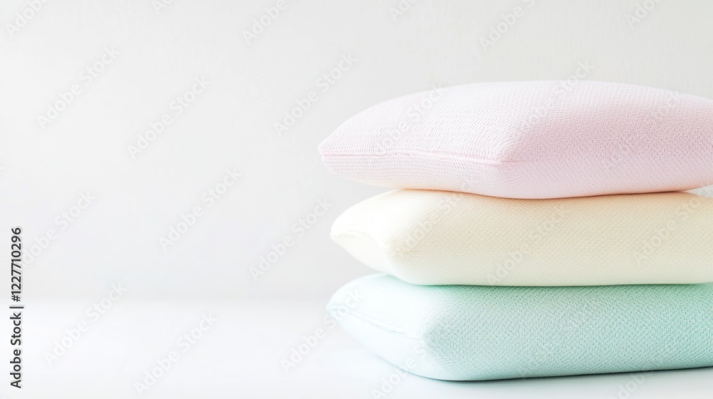 Aufkleber Stack of pastel ergonomic memory foam pillows on white background ideal for interior decor with empty space for text or branding
