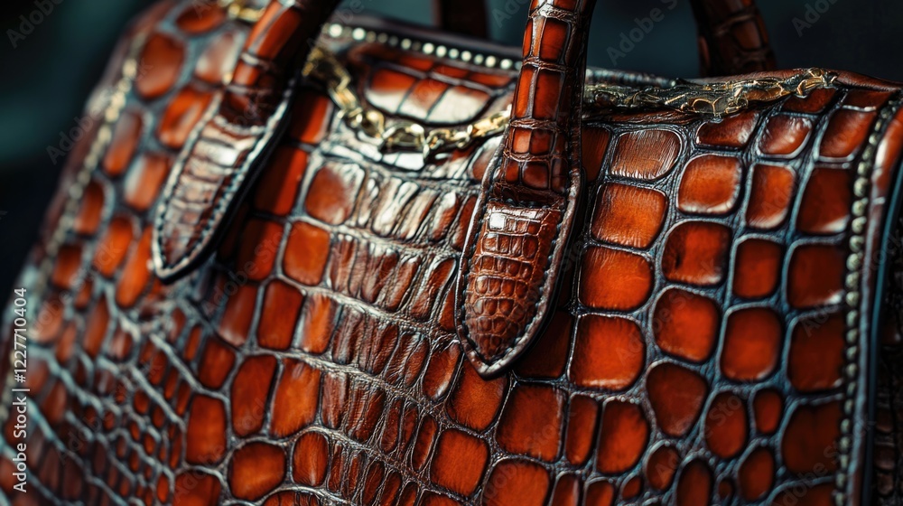 Poster elegant close-up of a luxury crocodile handbag showcasing intricate texture and rich color with ampl