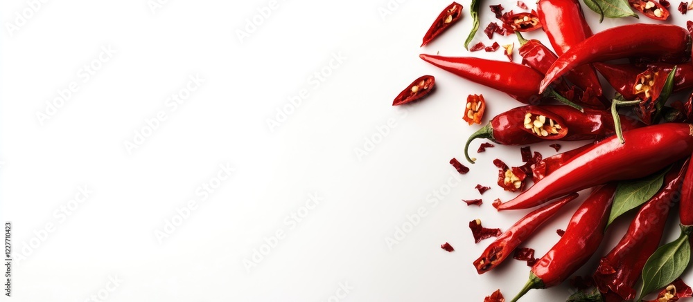 Poster red hot chilies scattered on a white background with ample empty space for text or design elements i