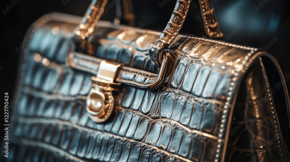 Poster Elegant close-up of a crocodile handbag showcasing luxury fashion with ample empty space for branding or text on a dark background