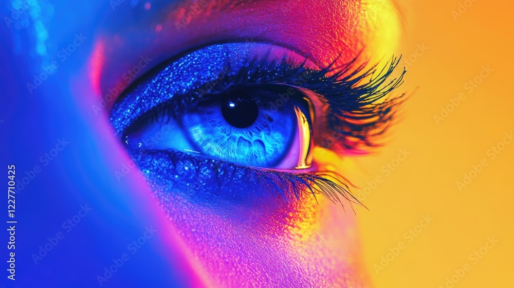 Aufkleber close-up of a captivating blue eye illuminated by vibrant colors with blank space for customizable t
