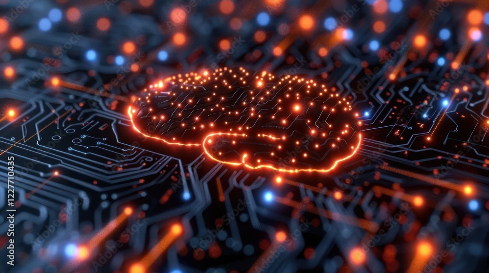 Poster abstract representation of a glowing brain on a circuit board, symbolizing technology and innovation