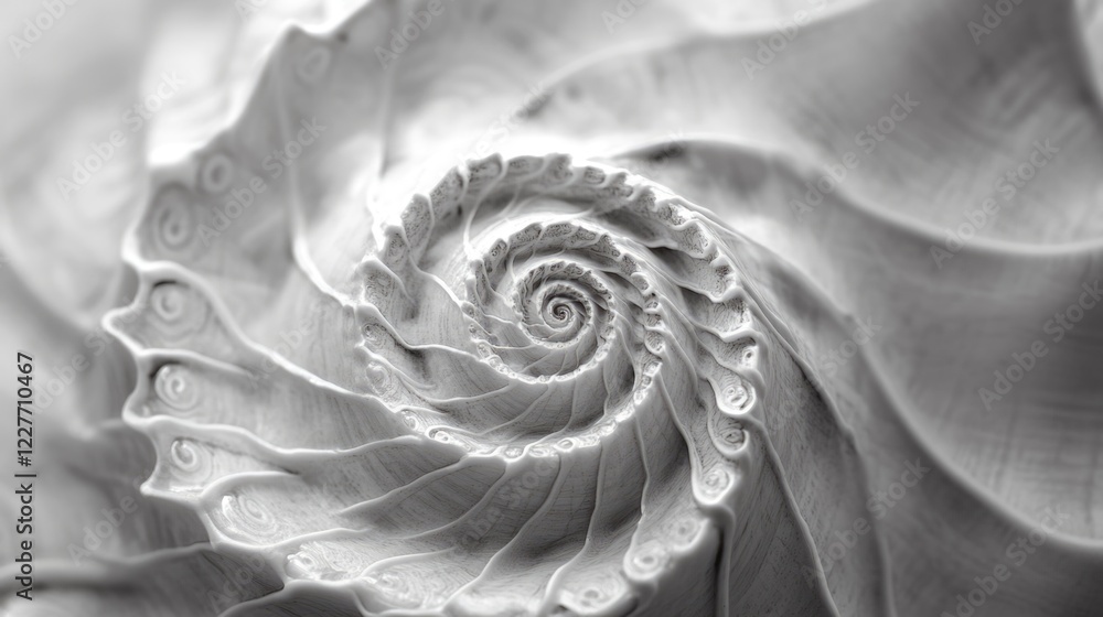 Poster close up view of a black and white spiral shell pattern with ample negative space for text or graphi