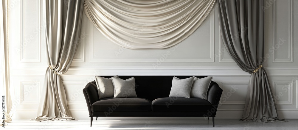 Poster elegant black sofa adorned with decorative pillows and luxurious drapery in stylish home interior se