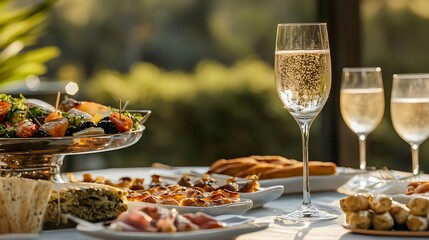 Fototapeta premium Elegant outdoor gathering with sparkling wine and delicious appetizers on a sunny day