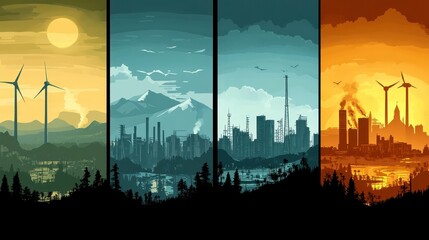 Pixel art depicting four scenes of a city's evolution sunrise with wind turbines, daytime with industrial cityscape, dusk with city skyline, sunset
