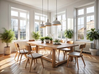 Obraz premium Bright Scandinavian Dining Room: Long Wooden Table, Minimalist Decor, Natural Light