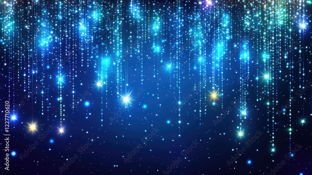 Poster mesmerizing blue cosmic background featuring shimmering stars and cascading light effects with ample