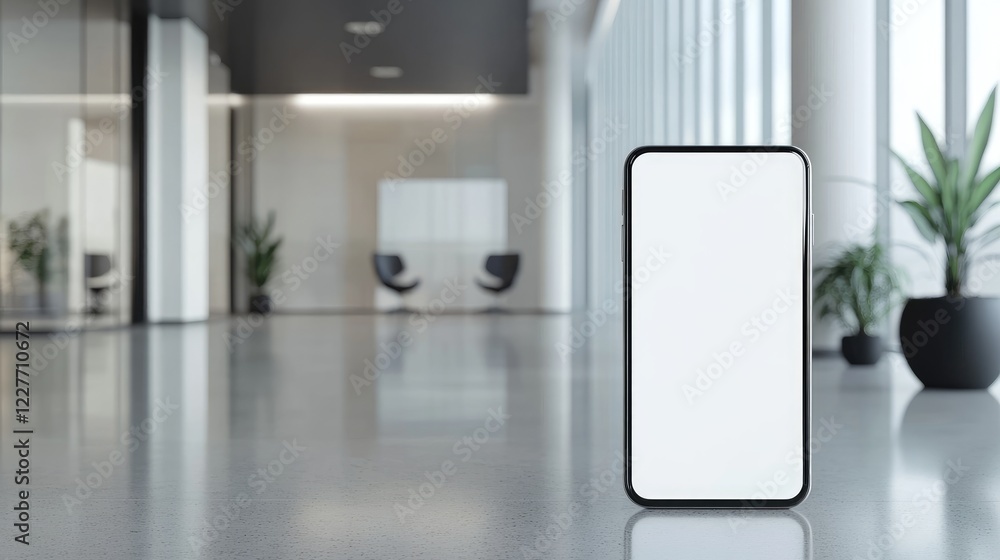 Poster modern office entrance with a bright smartphone in the foreground showcasing ample copy space and mi