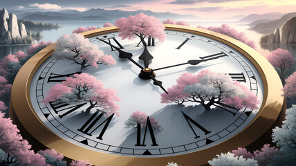 Clock with cherry blossoms, fleeting time and beauty of nature