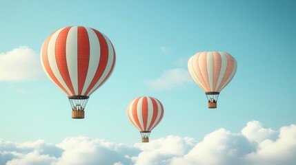 Fototapeta premium Three pixel art hot air balloons float against a light blue sky dotted with fluffy white clouds. The balloons are red and white striped, with one a