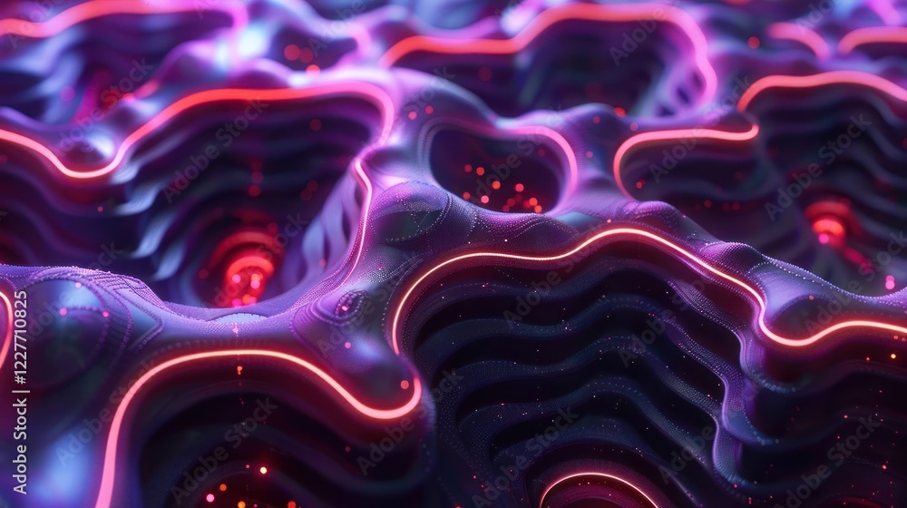 Poster abstract colorful wave patterns with glowing lines and particles in a digital landscape