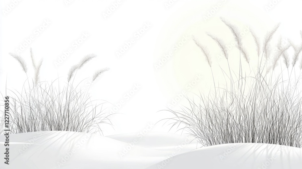 Poster serene white nature scene with graceful dry reeds and ample copyspace for text integration and desig