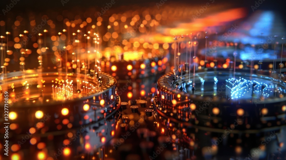 Poster vibrant abstract digital visualization of glowing circuits and light trails in a futuristic setting