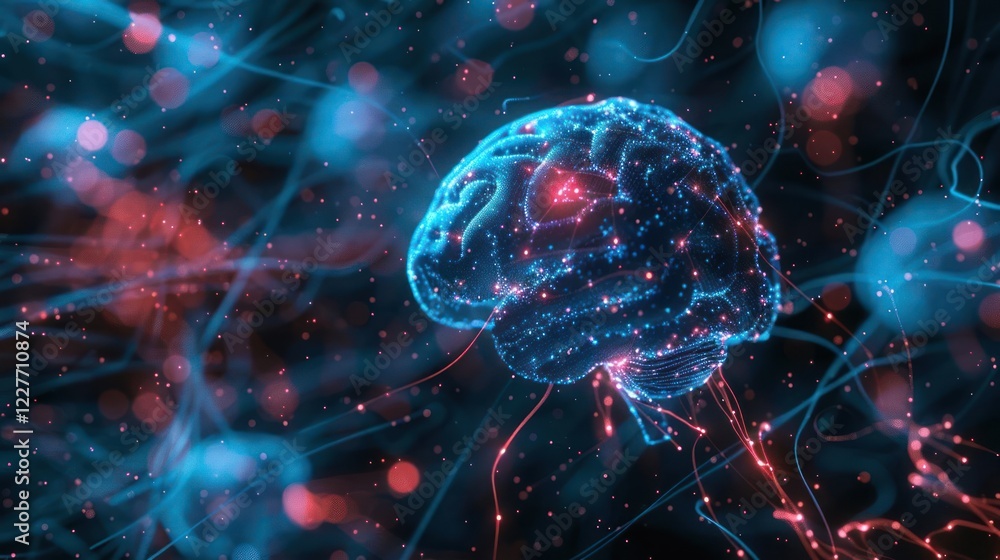 Poster futuristic digital representation of a brain immersed in vibrant neural connections and particles