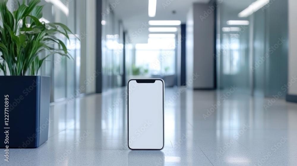 Poster Modern office corridor showcasing a blank smartphone on polished floor with greenery and ample space for text or branding use.