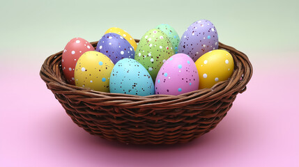 Brightly colored Easter eggs arranged in a decorative wicker basket on a pastel background