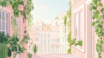 serene urban green space filled with plants and sunlight, showcasing peaceful balcony view