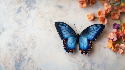 Vibrant blue butterfly resting on a textured surface with flowers, providing ample copyspace for design and text integration.