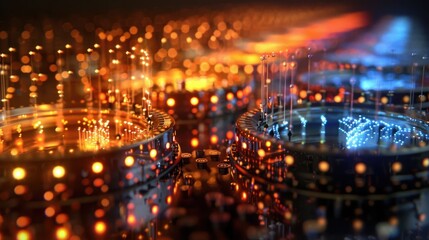 Obraz premium Vibrant abstract digital visualization of glowing circuits and light trails in a futuristic setting