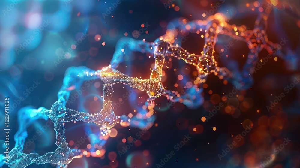 Poster abstract representation of dna helix with vibrant colors and glowing particles in a scientific backg